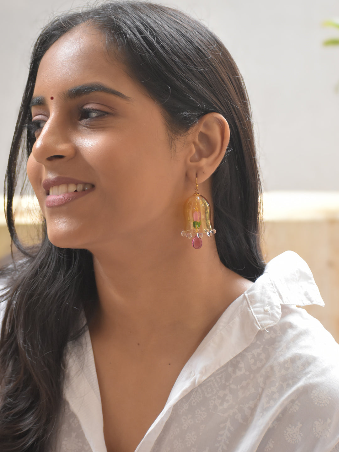 Handcrafted Yellow Glass Bell-Shaped Floral Earrings with Bead Drops
