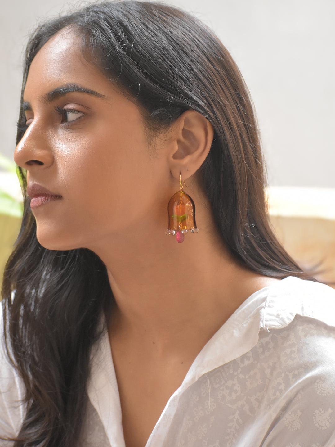 Handcrafted Orange Glass Bell-Shaped Floral Earrings with Bead Drops