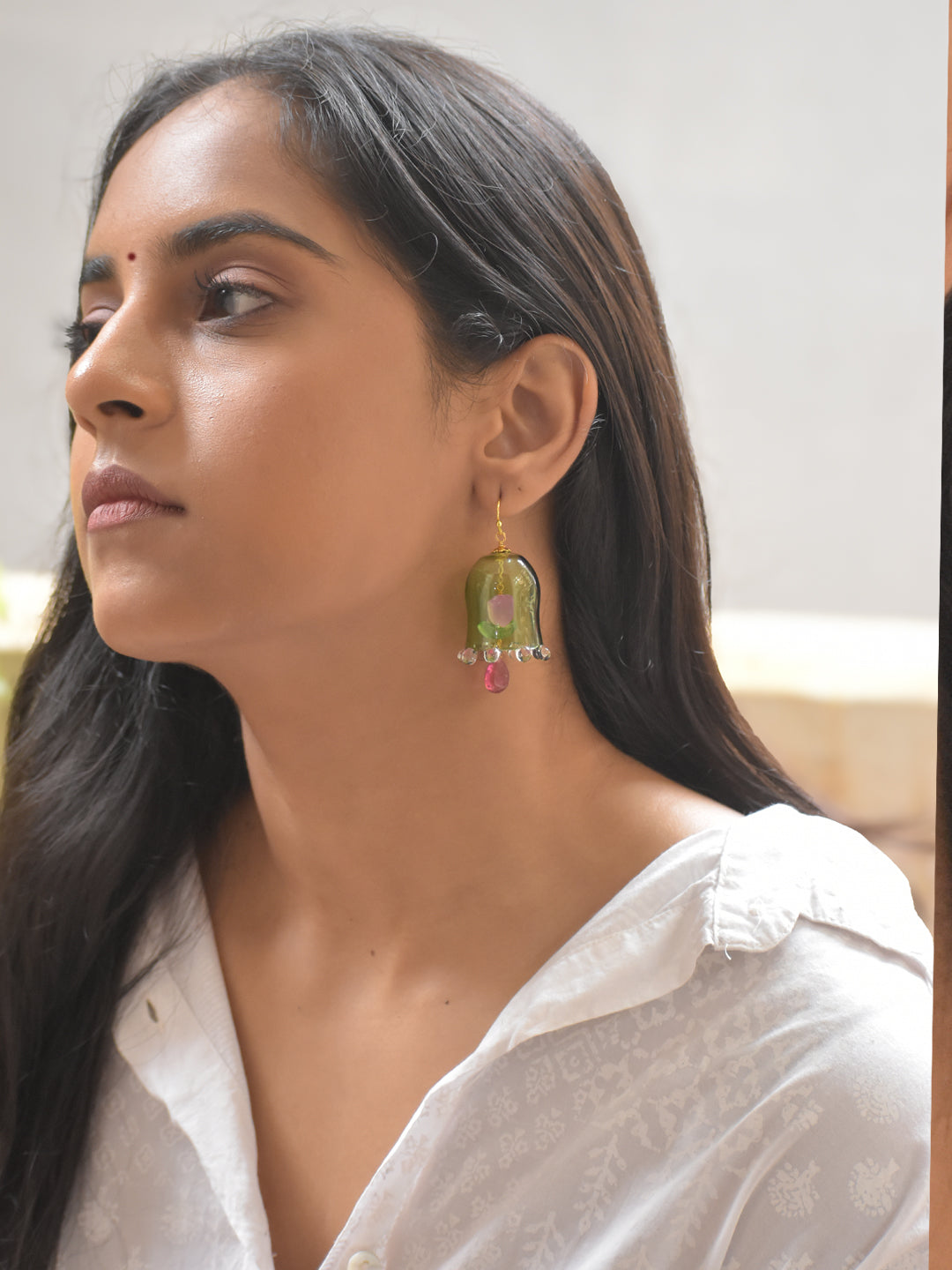 Handcrafted Green Glass Bell-Shaped Floral Earrings with Bead Drops