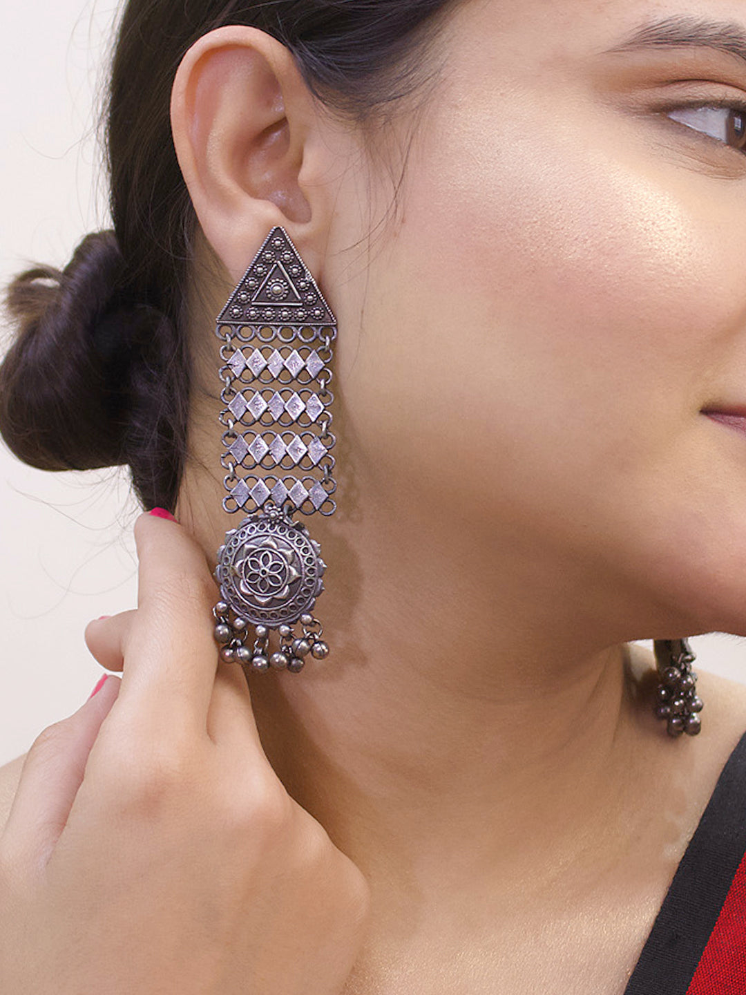 Silver Plated Triangle Design With Hanging Silver Beads Dangler Earring