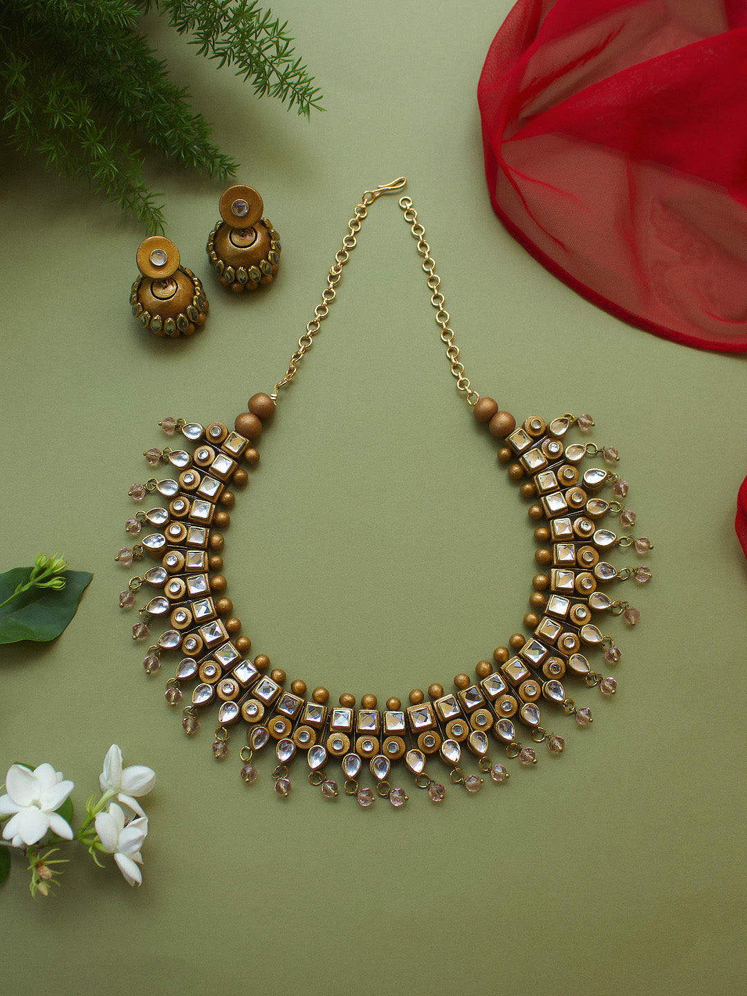 Kundan Stones Gold Premium Finish Terracotta Jewellery Set