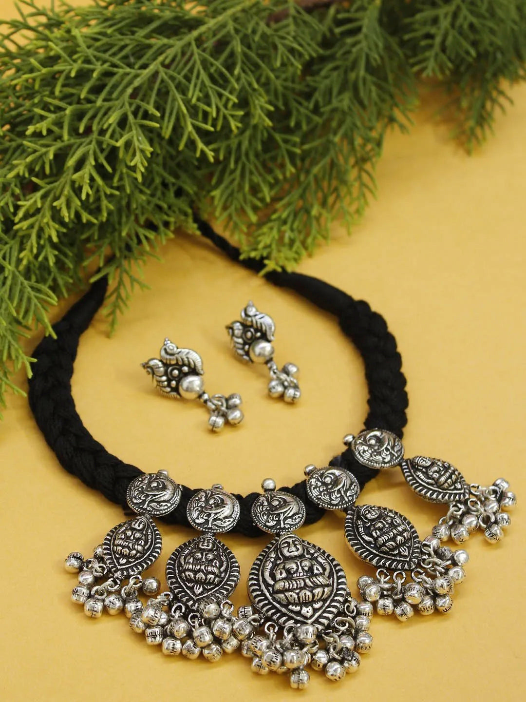 German Silver 5 Pendant Lakshmi Design Choker Necklace Set