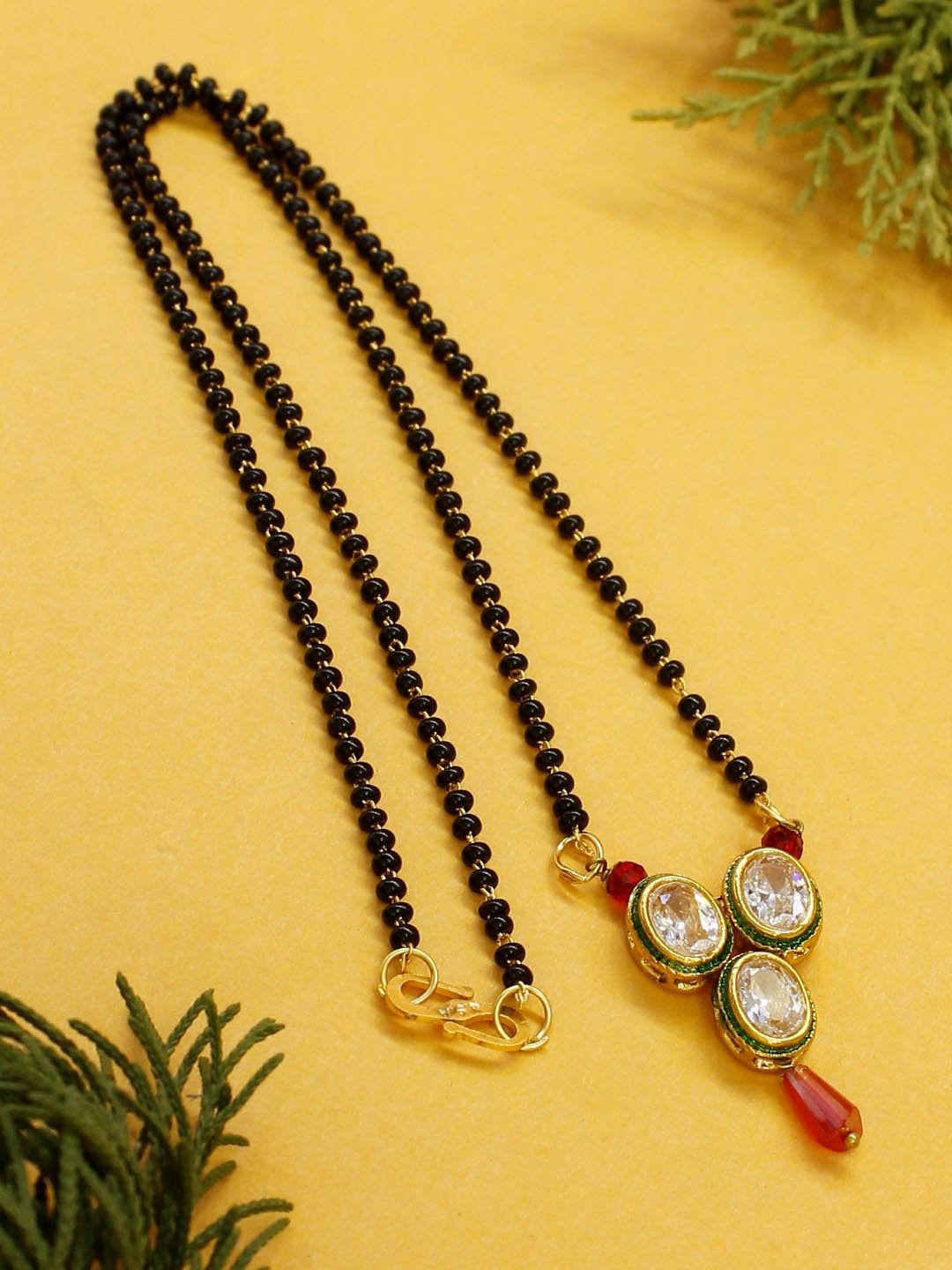 Avismaya Gold Plated Oval Design Red And White Color With Pendant Black Color Beads Medium Mangalsutra