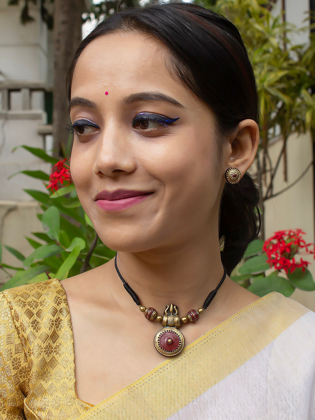 Trinetra — Trishul Design Antique Gold Brown Minimalistic Handmade Terracotta Necklace Set - Kantara