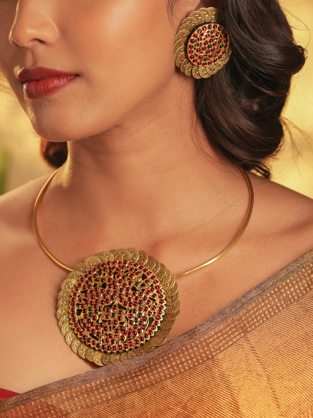 Gold Tone Temple Necklace Set- Coined Haslee Set Celebrity Styles