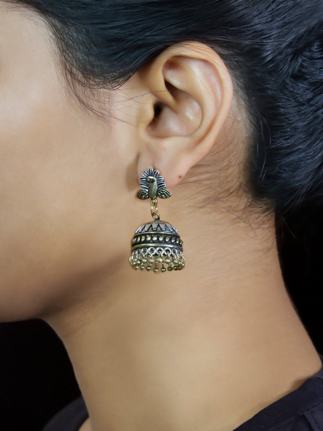 Traditional Dual Tone Peacock Design Stud Jhumka