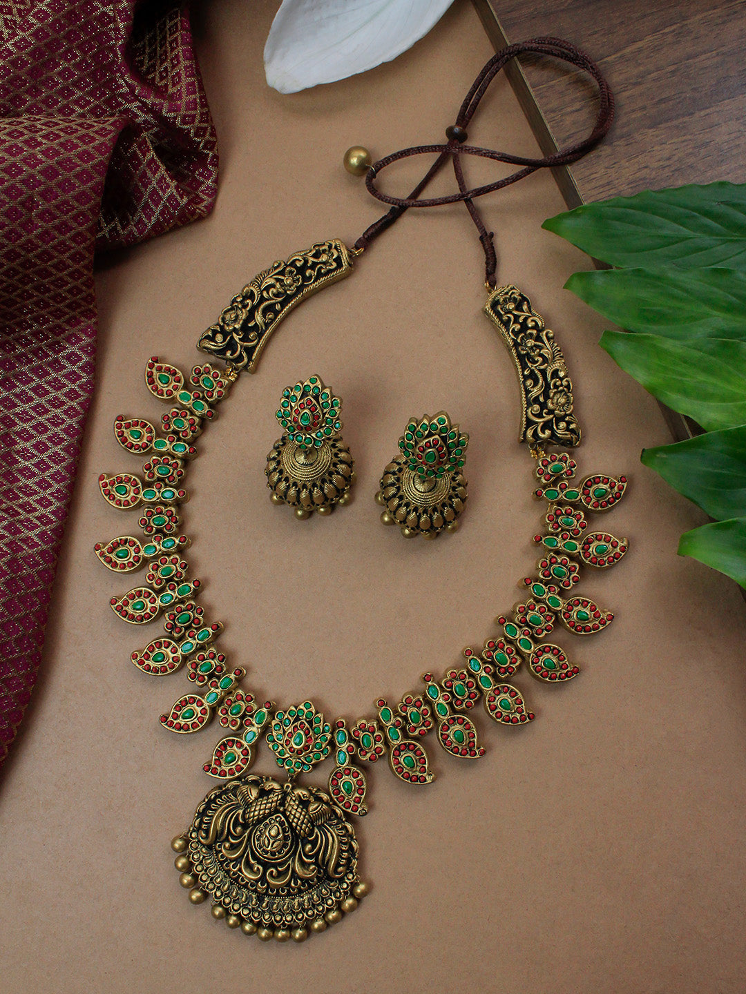 Amrapiccha — Mango Design Peacock Antique Gold Red Green Haram Temple Handmade Terracotta Necklace Set