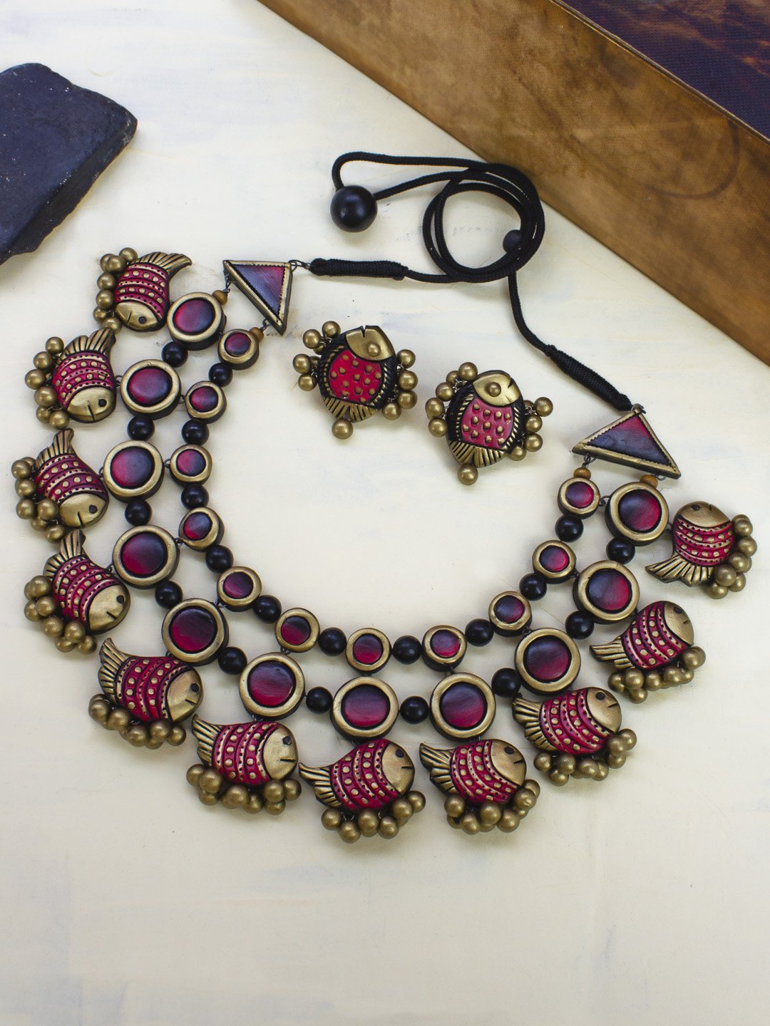 Designer Handmade Terracotta Meenakari Three Layered Fish Design Choker Necklace Set