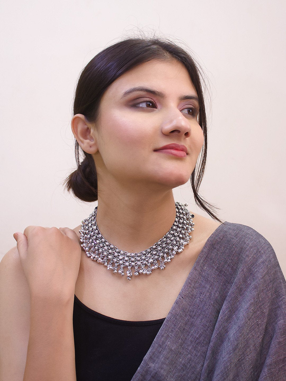 Silver Plated Floral Design With Hanging Silver Ghungroos Choker Necklace