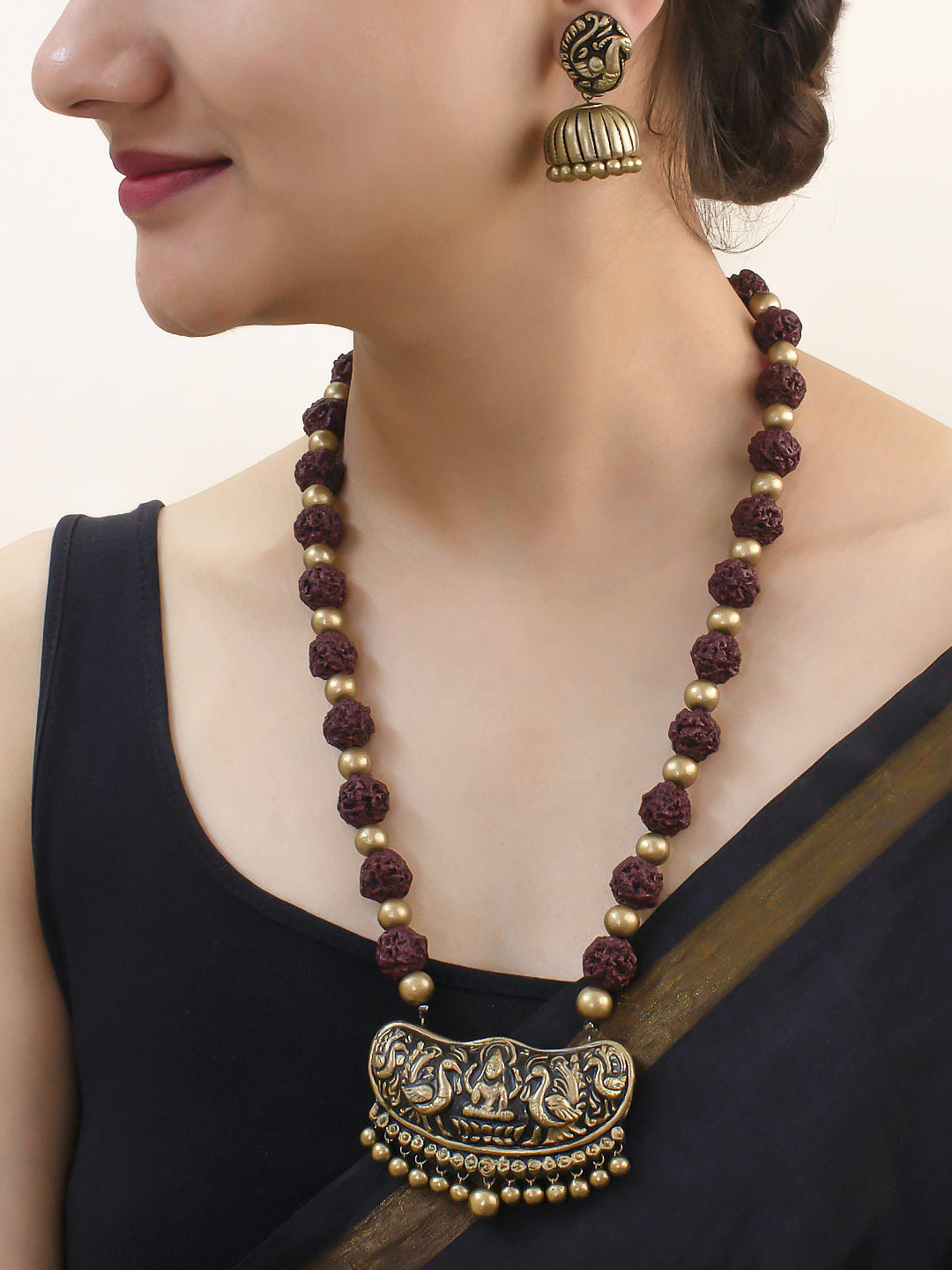 Rajyam Lakshmi — Designer Handmade Terracotta Maroon And Antique Gold Color Lakshmi Design Long Rudraskha Necklace Set