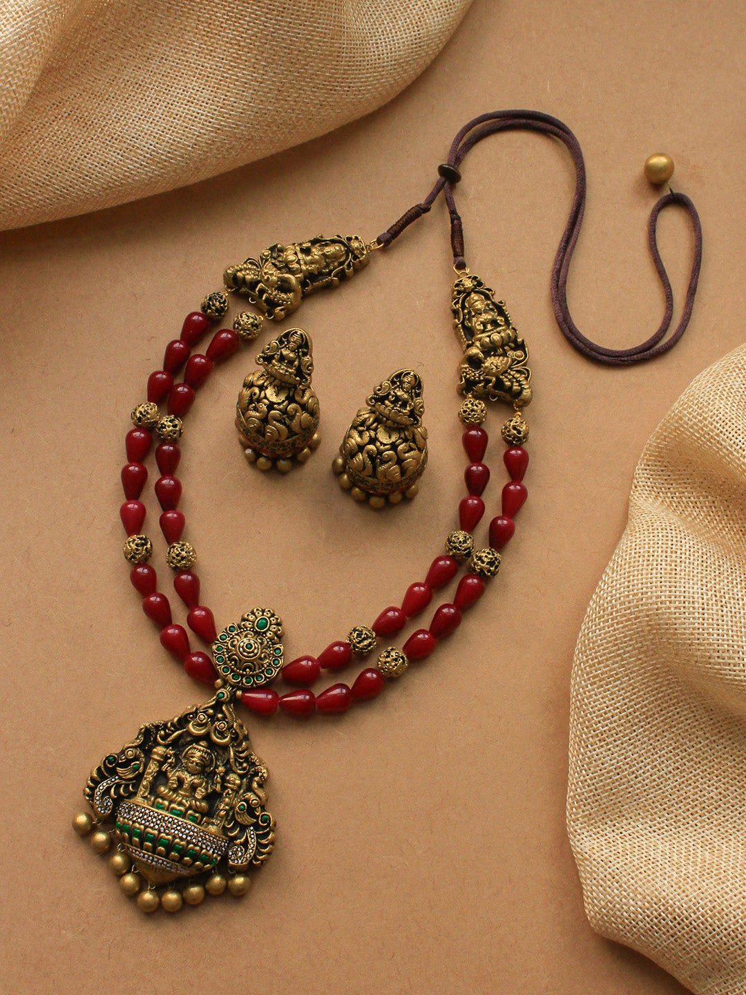 Suvarna Manjari — Lakshmi Design 2 layered Maroon Glass Beads Haram Style Antique Gold Handmade Terracotta Necklace Set