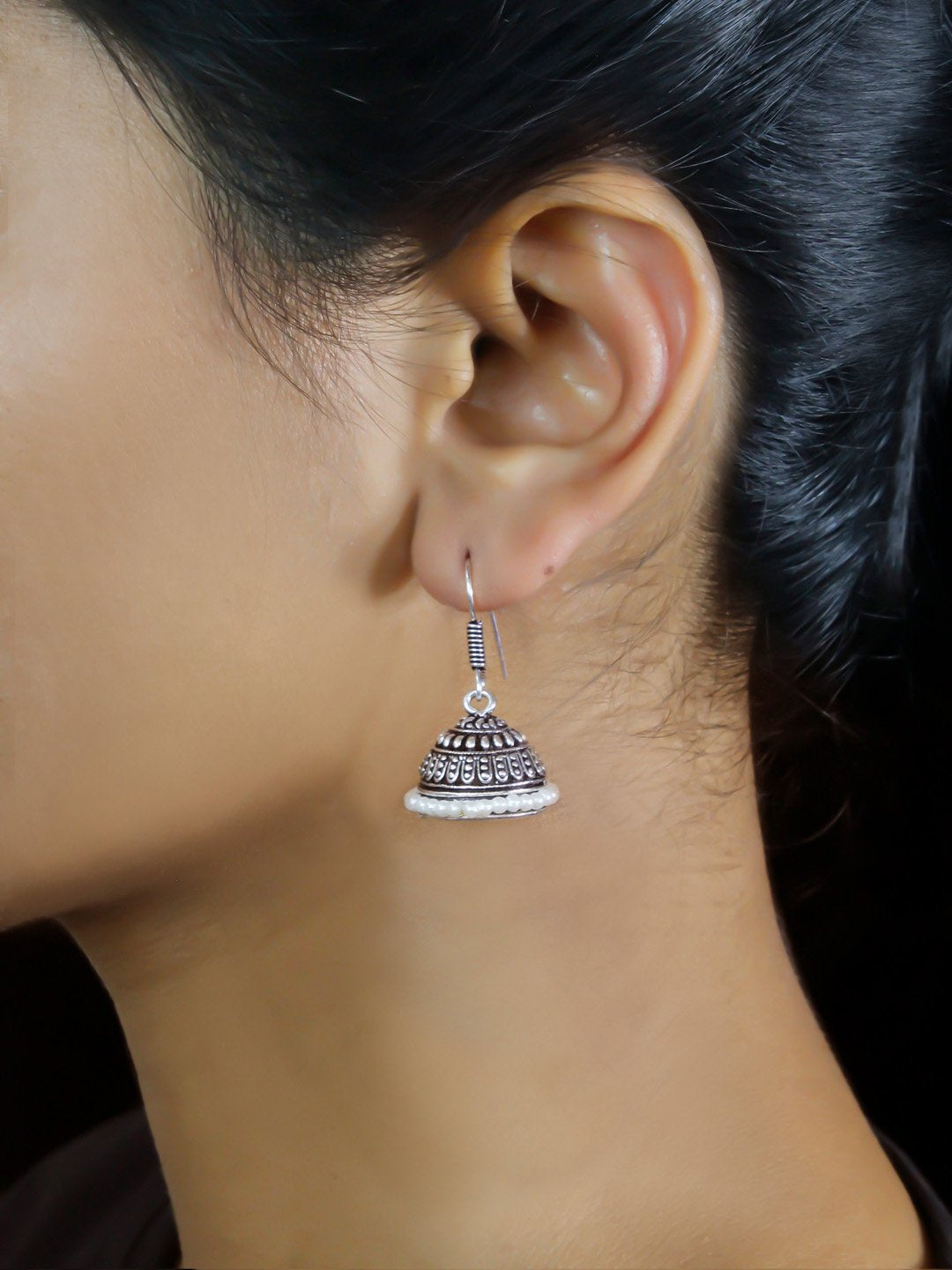 German Silver Jhumkas With White Droppings