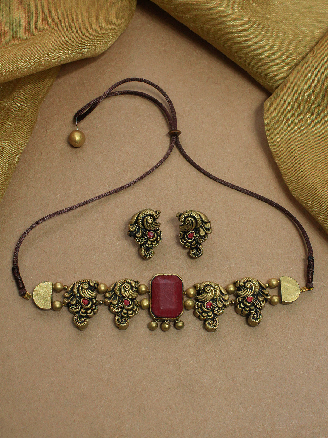 Hemangana — Minimalistic Antique Gold Maroon Peacock Design Handmade Terracotta Victorian Choker Necklace Set