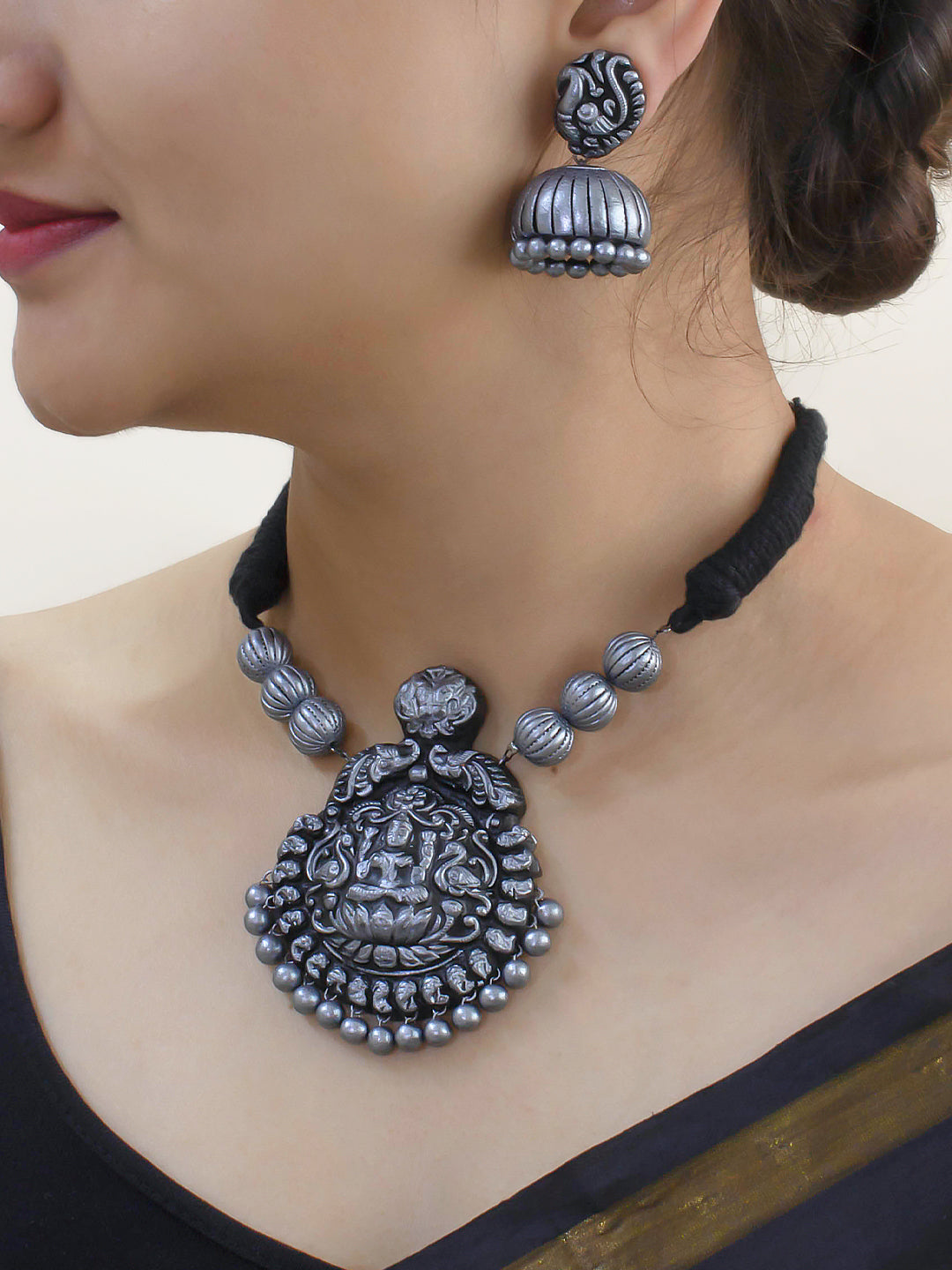 Rajatanmayi — Designer Handmade Antique Silver Color Peacock Design Jhumka Earring With Lakshmi Design Pendant Choker Handmade Terracotta Necklace Set