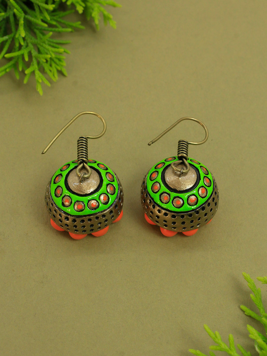 Mandala Art Cicular Green Orange Antique Bronze Handmade Terracotta Jhumka Earrings