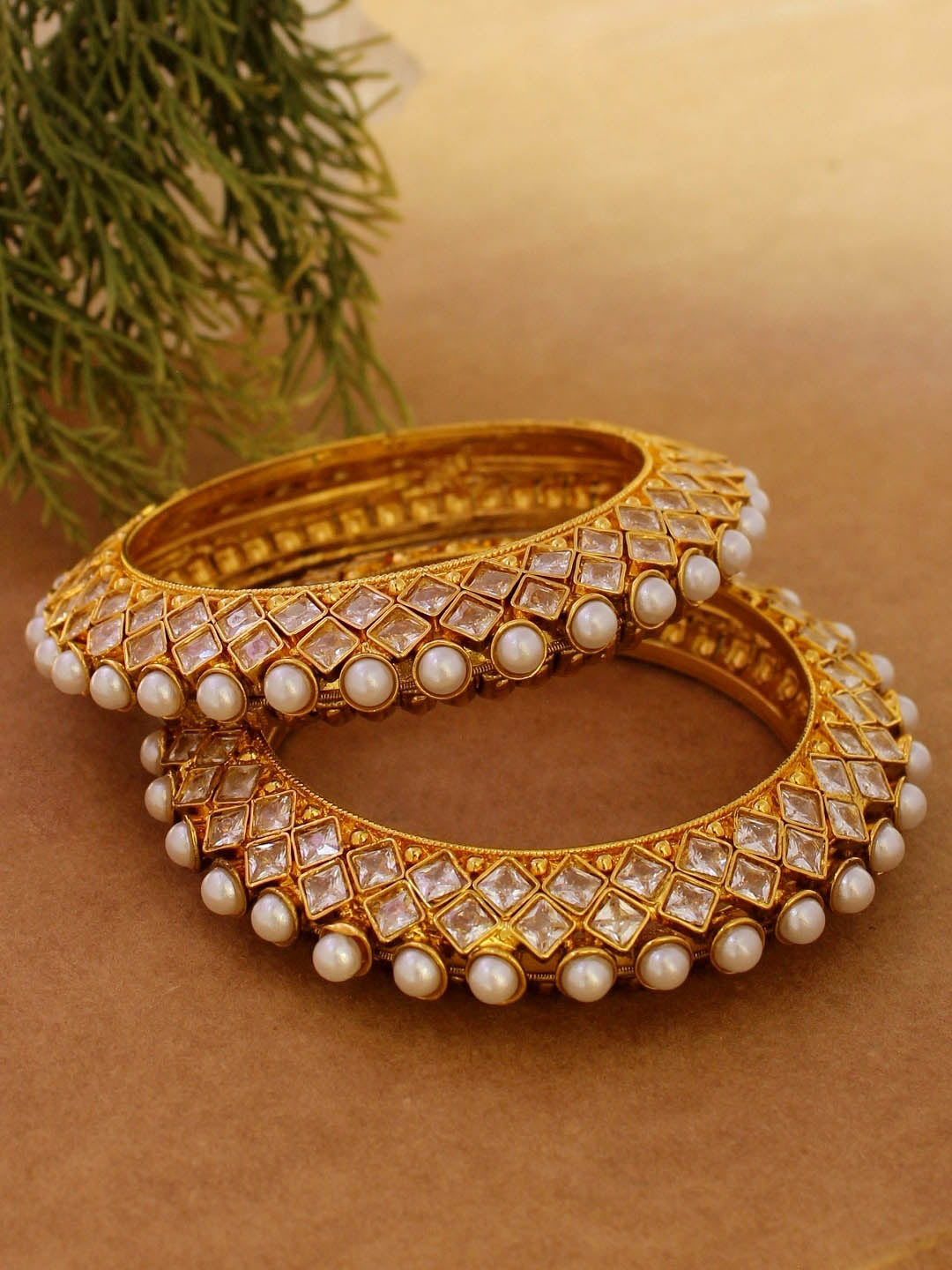 Avismaya Gold Plated Rhombus Shape With Kundan Stones And Pearls Traditional Bangles