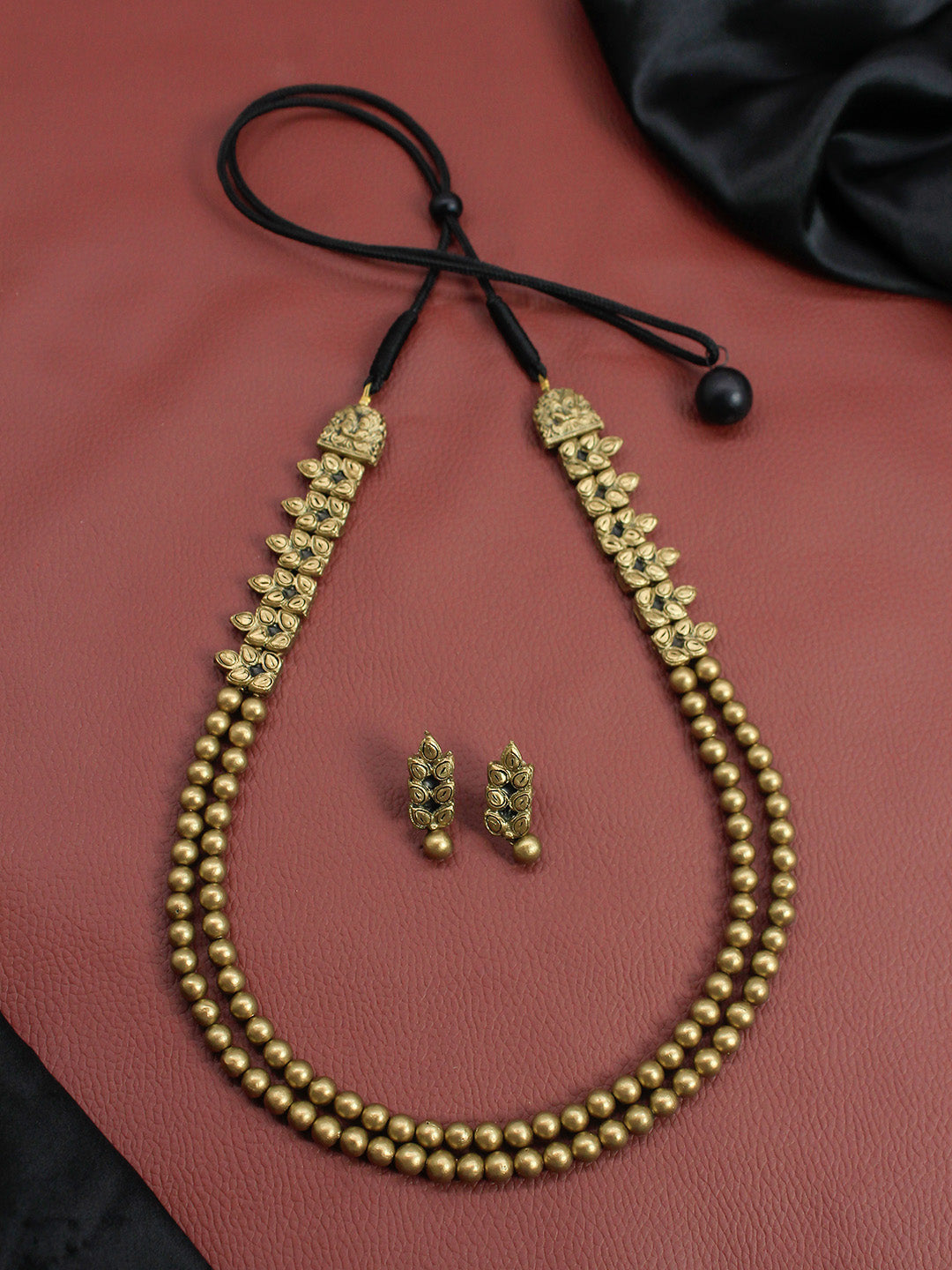 Two Layered Antique Gold Beads Handmade Terracotta Necklace Set - Kantara