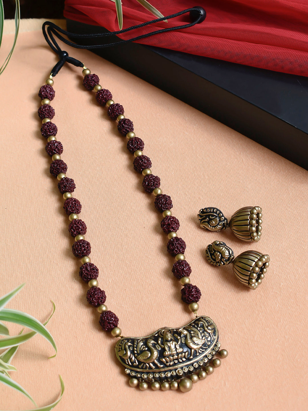 Rajyam Lakshmi — Designer Handmade Terracotta Maroon And Antique Gold Color Lakshmi Design Long Rudraskha Necklace Set
