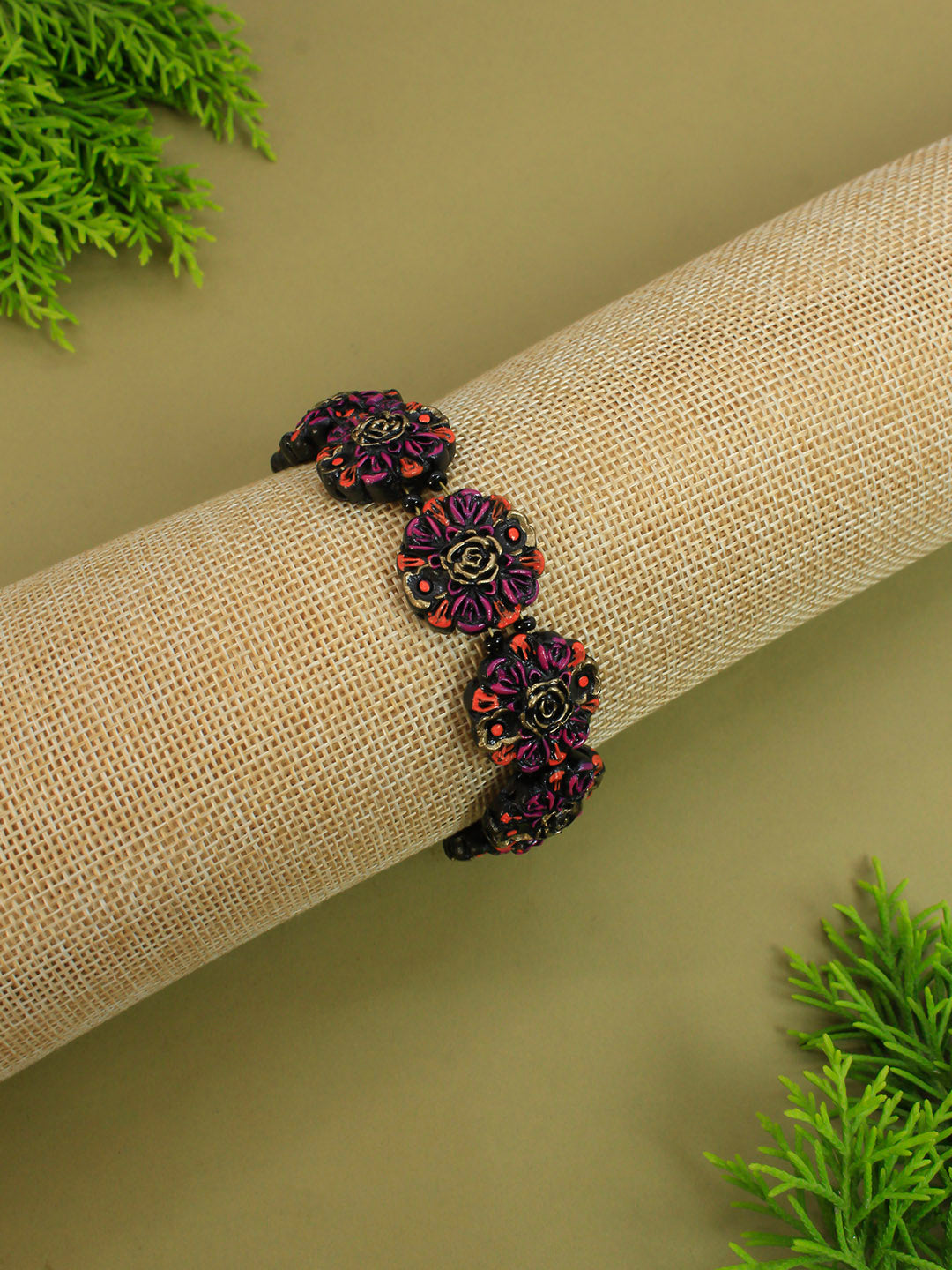 Handmade Terracotta Mandala Floral Design Purple Pink Antique Bronze Colour Bracelet