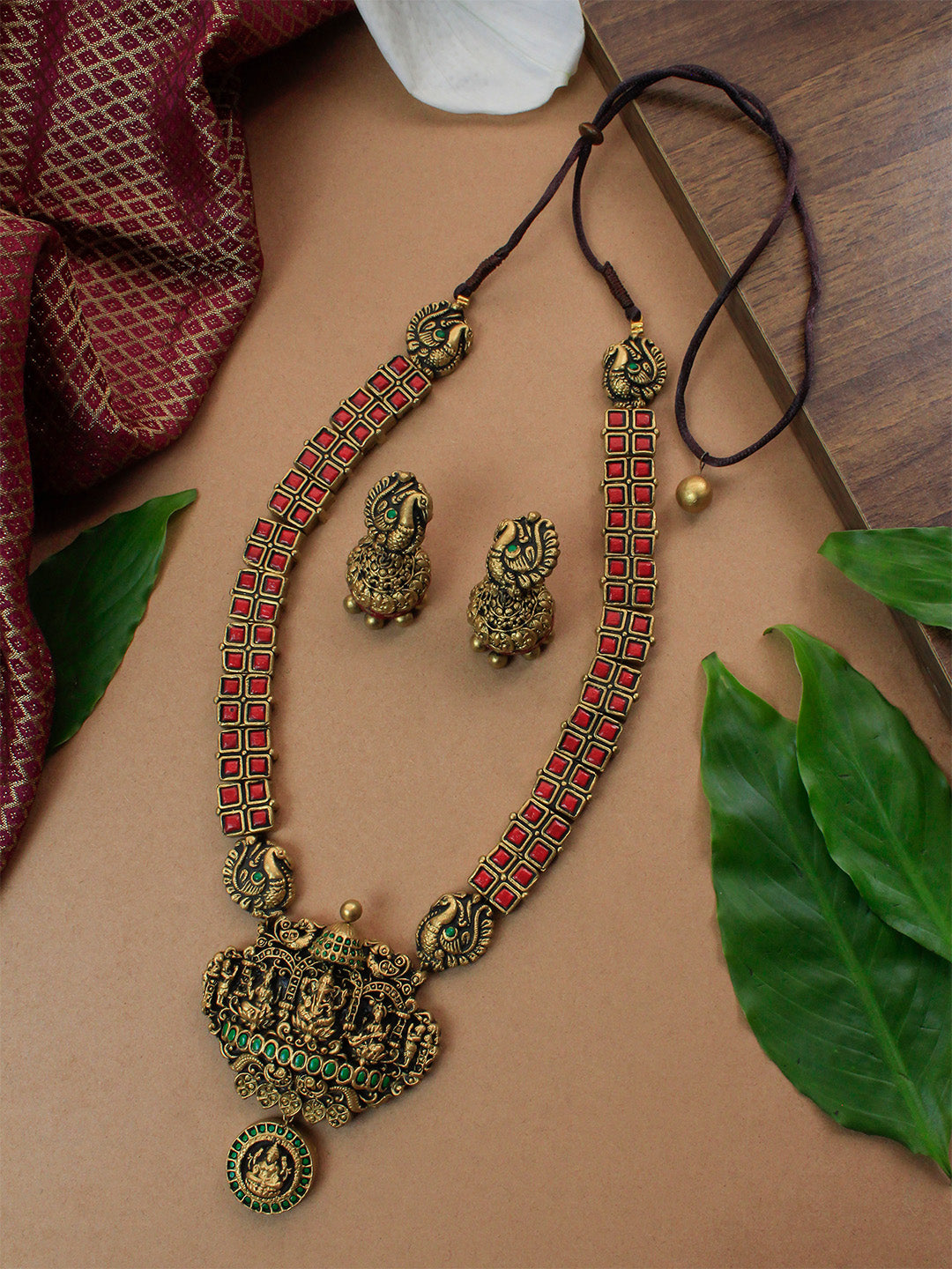 Chitralekha — Antique Gold Red Green Checkered Square Pattern Ganesha Lakshmi and Saraswathi Design Long Haram Temple Handmade Terracotta Necklace Set