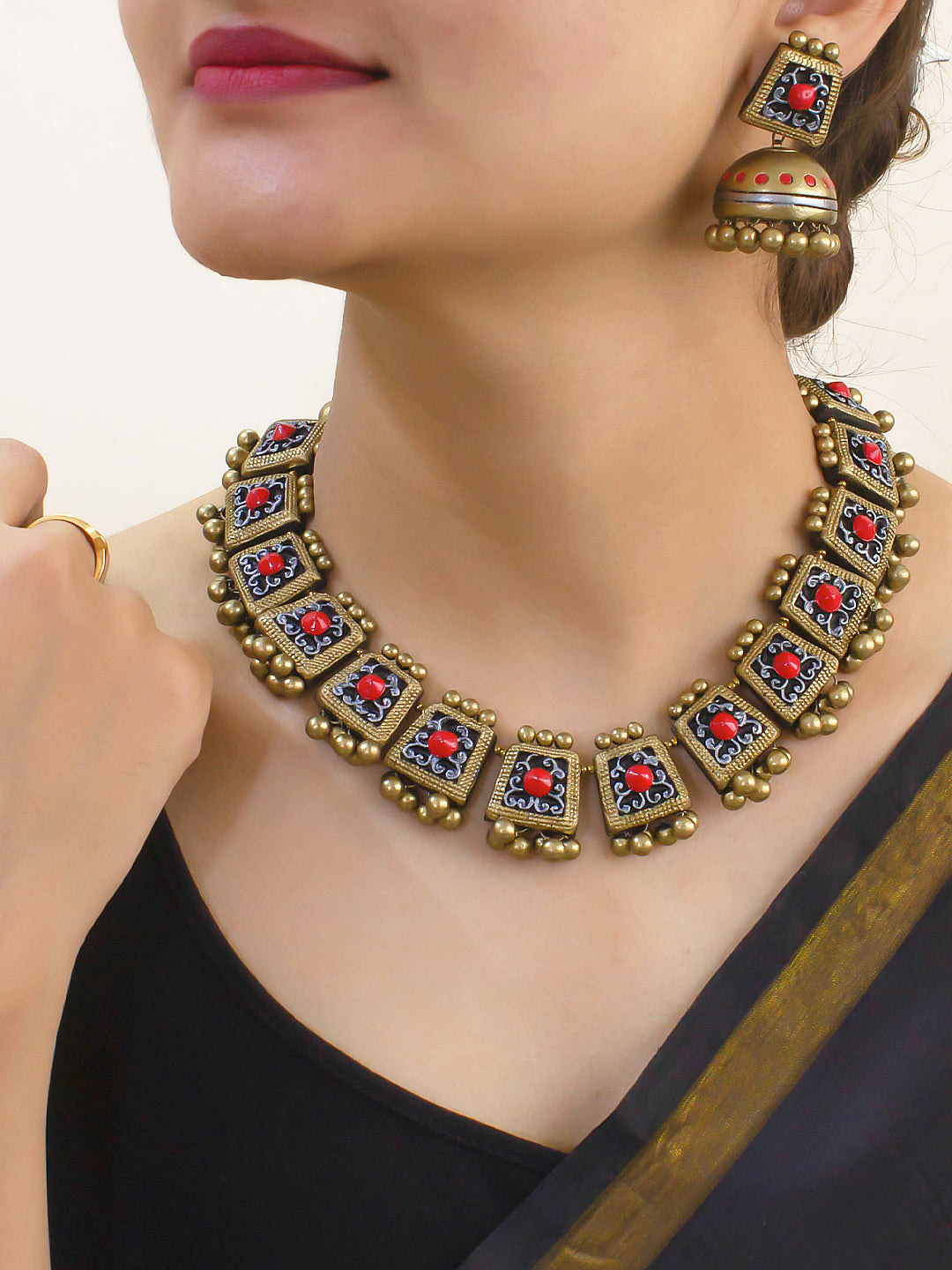 Rekhita — Designer Handmade Antique Gold Geometric Design Choker Handmade Terracotta Necklace Set - Kantara