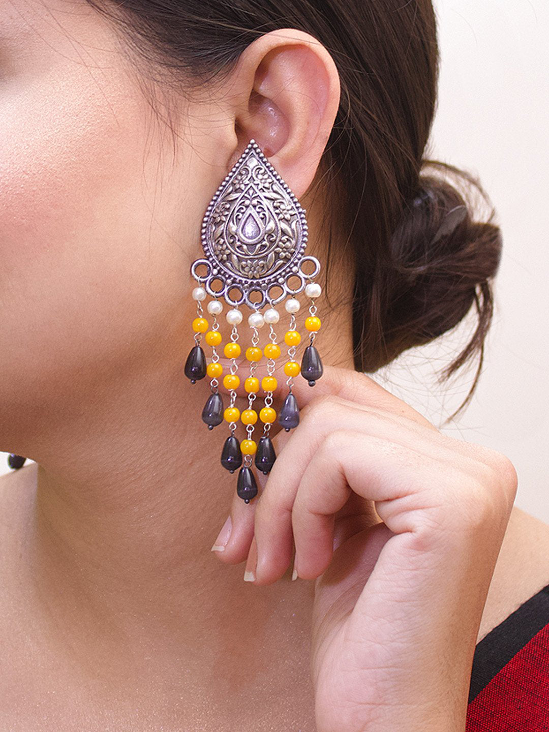 Silver Plated Teardrop Design Gray And Yellow Color Beads With Hanging White Pearls Dangler Earring