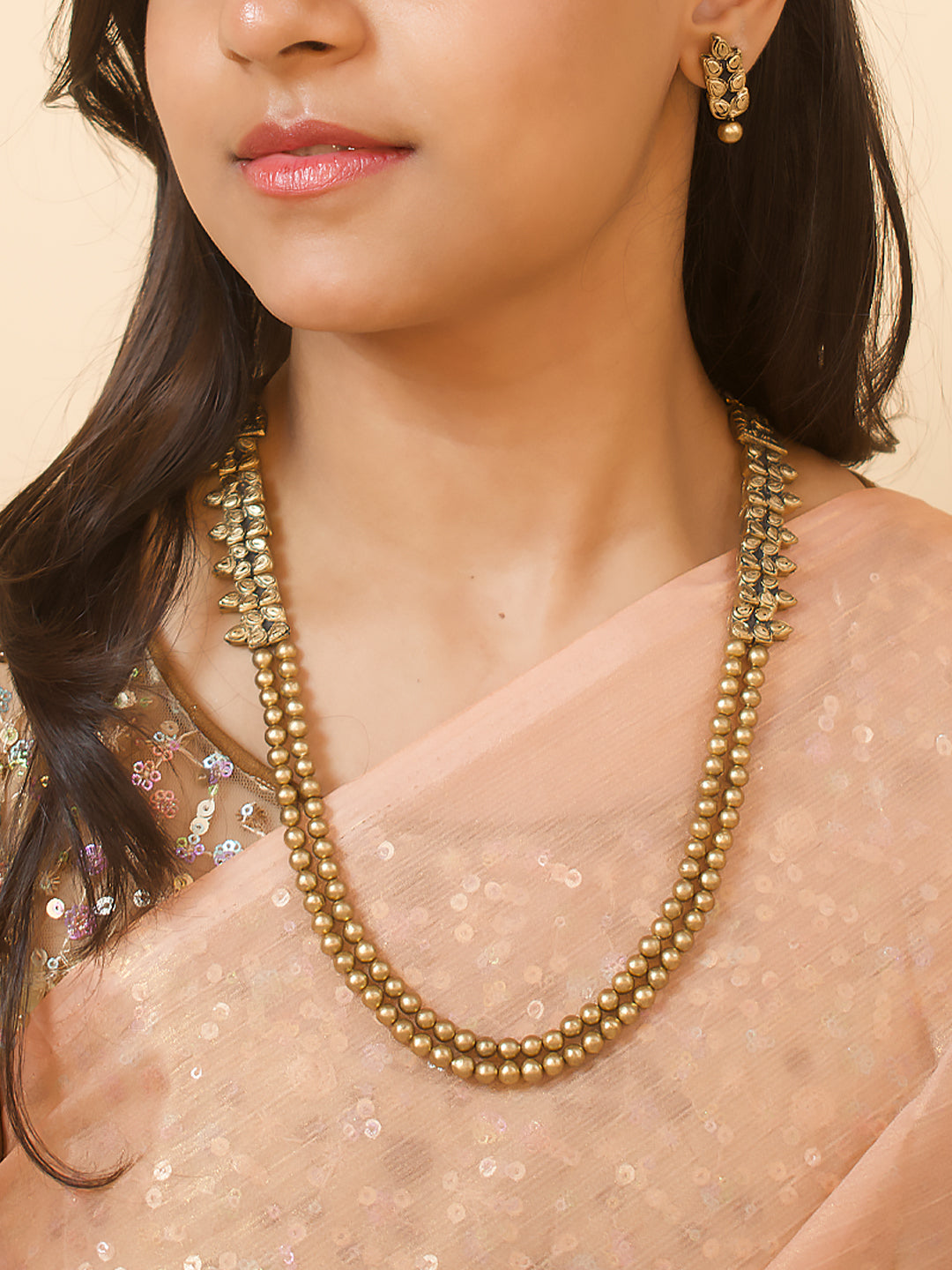 Two Layered Antique Gold Beads Handmade Terracotta Necklace Set - Kantara