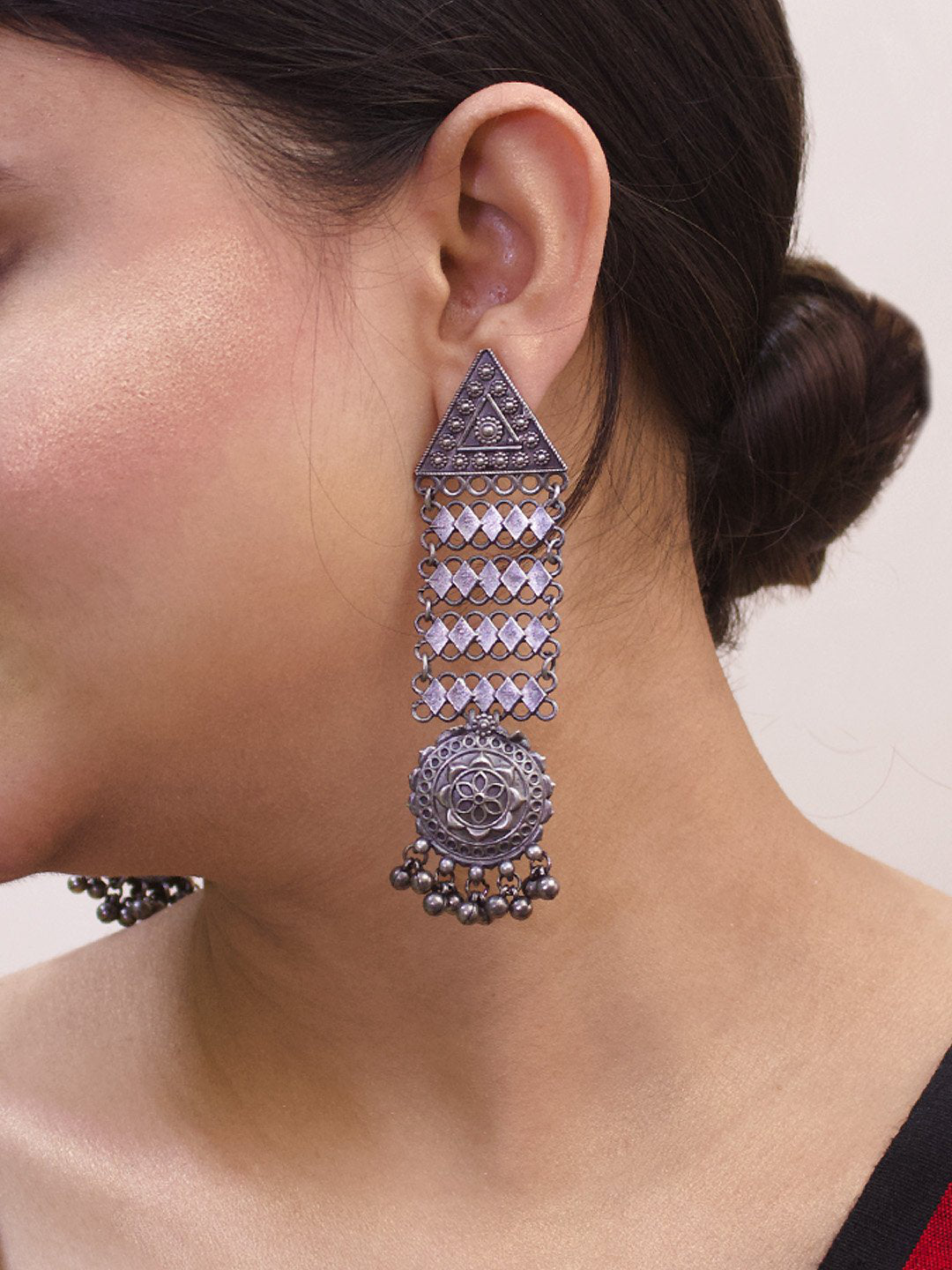 Silver Plated Triangle Design With Hanging Silver Beads Dangler Earring