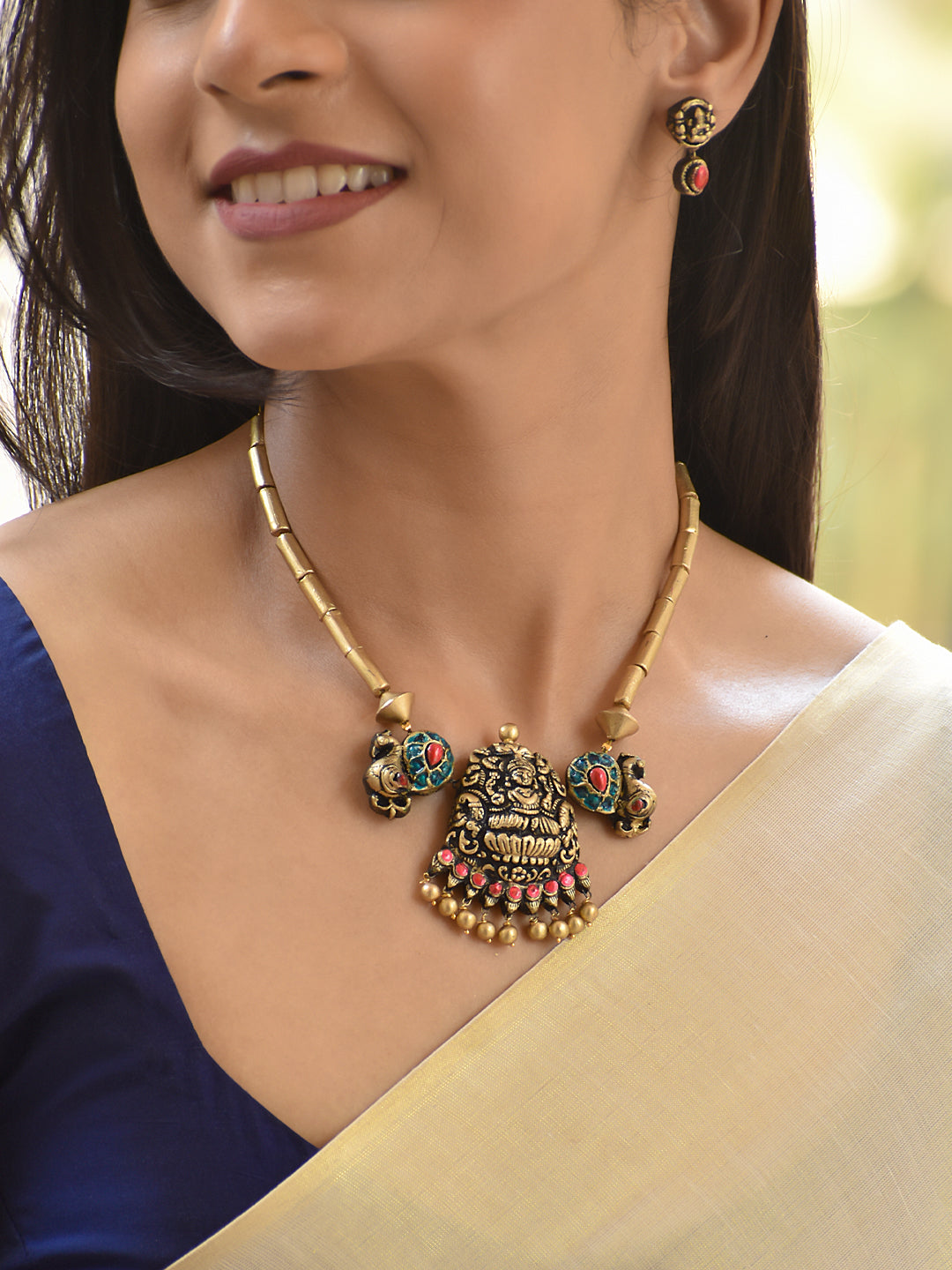 Terracotta Temple Pendant Necklace with Antique Bead Chain