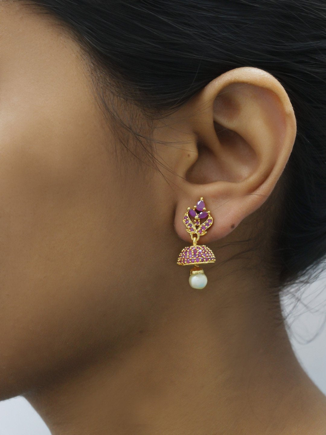 Ruby Red Color American Diamond Stones with Pearl dropping Stud Jhumka