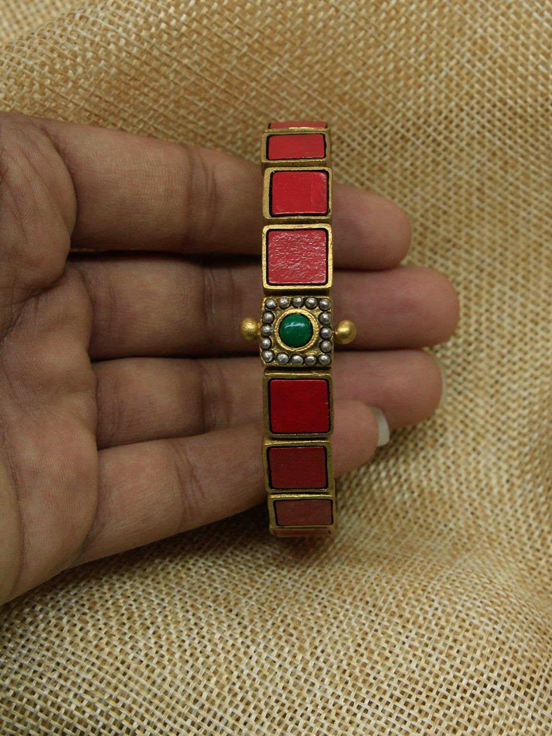 Komalika — Red Antique Gold Green Square Design Handmade Terracotta Bangle