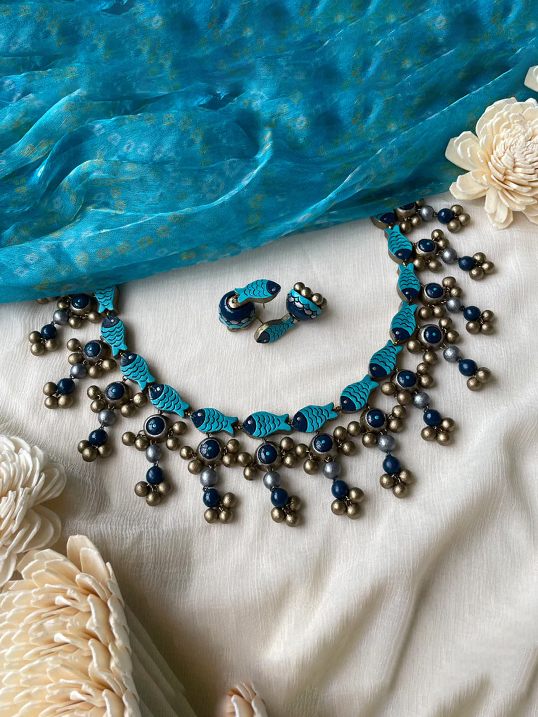 Fish Design Hand Painted Finish Terracotta Jewellery Set