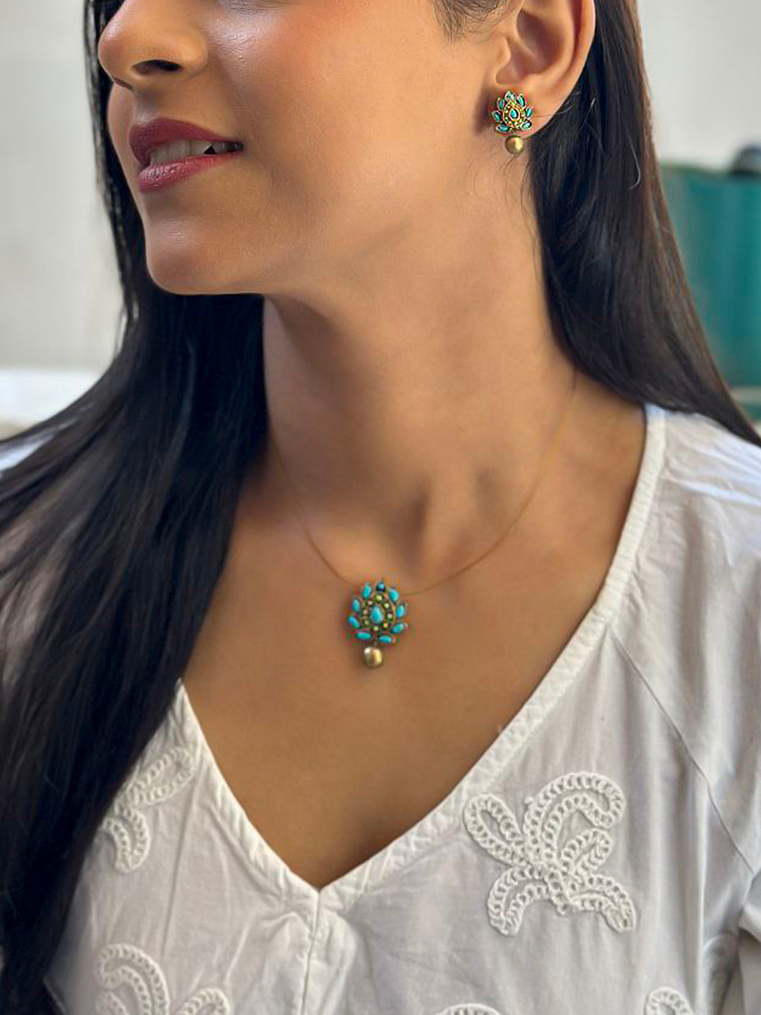 Terracotta Teardrop Floral Pendant Necklace with Matching Stud Earrings