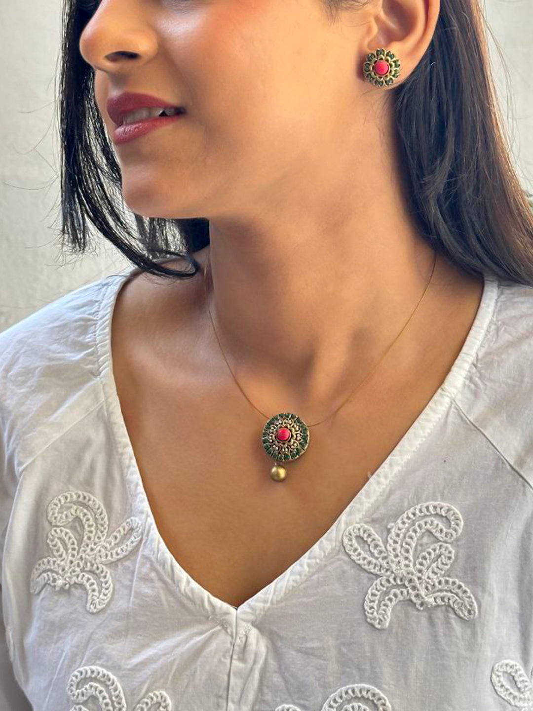 Terracotta Green Floral Pendant Necklace with Pink Stone Center & Gold Bead Drop Earrings