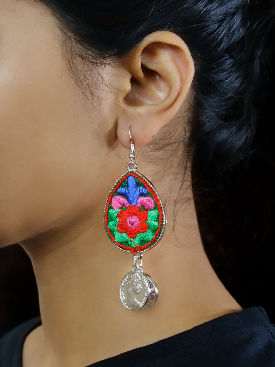 Geometric Design Pink and Green and Blue Drop Crochet Fabric Earring