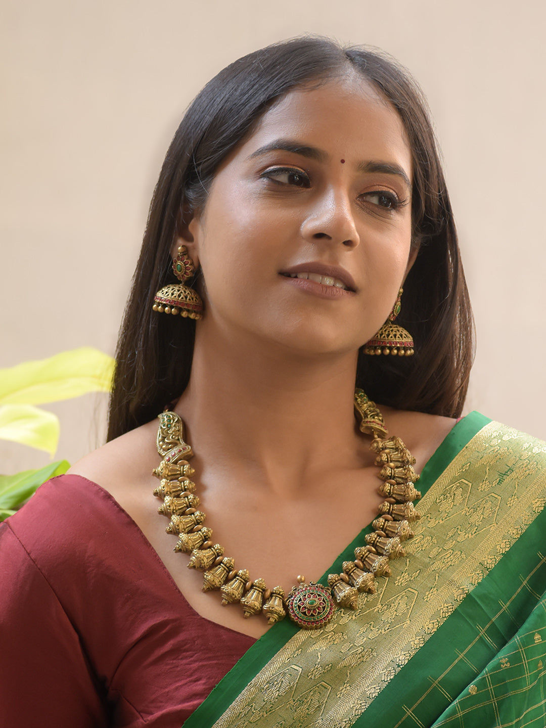 Padmalata - Handcrafted Terracotta Temple-Style Necklace Set with Lotus Pendant and Antique Gold Beads and Matching Earrings