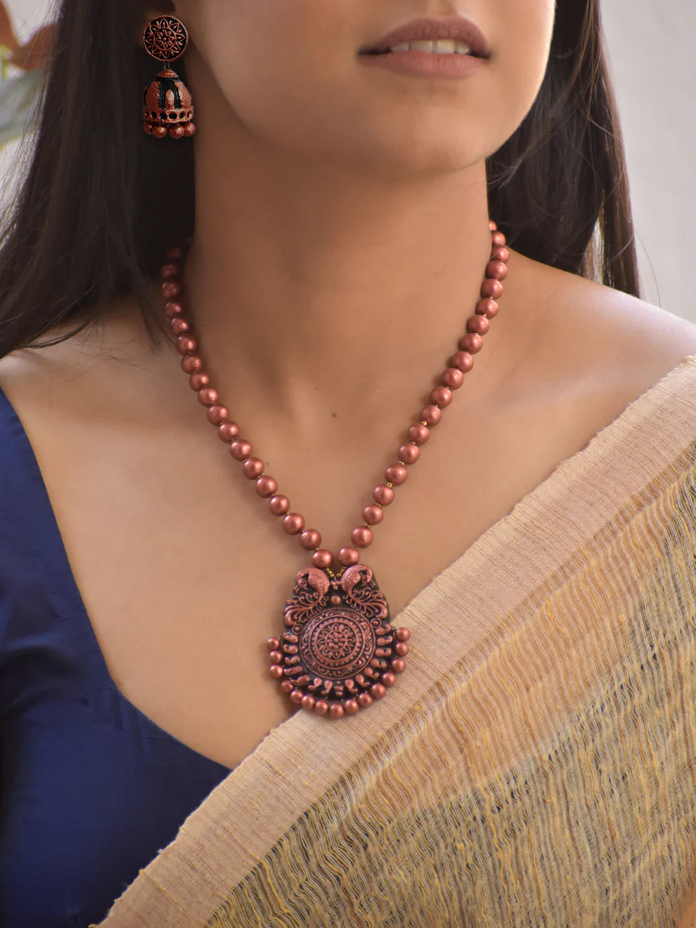 Handmade Terracotta Copper-Toned Circular Peacock Motif Necklace