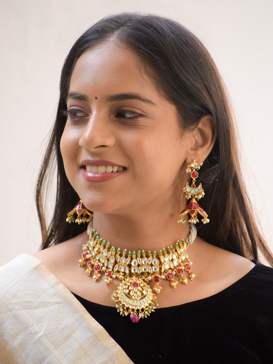 Premium Crafted 18K Gold Plated Kundan Choker Set with Polki, Gemstones, and Pearl Details