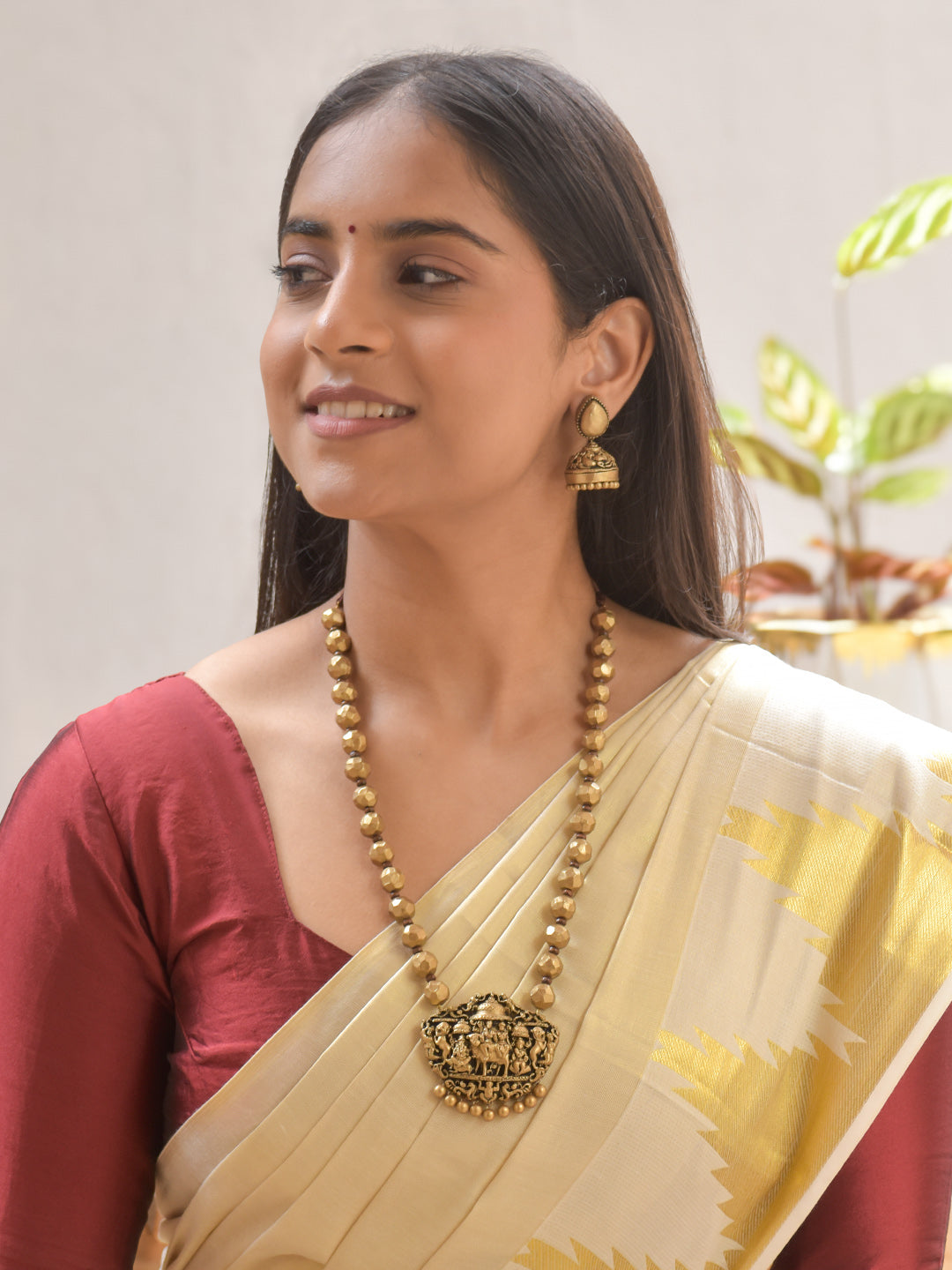 Terracotta Antique Beaded Necklace Set with Temple Pendant