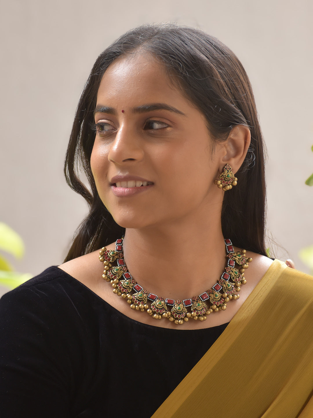 Ranjani - Antique Gold Beads Red & Green Terracotta Temple Necklace Set Stud Earrings