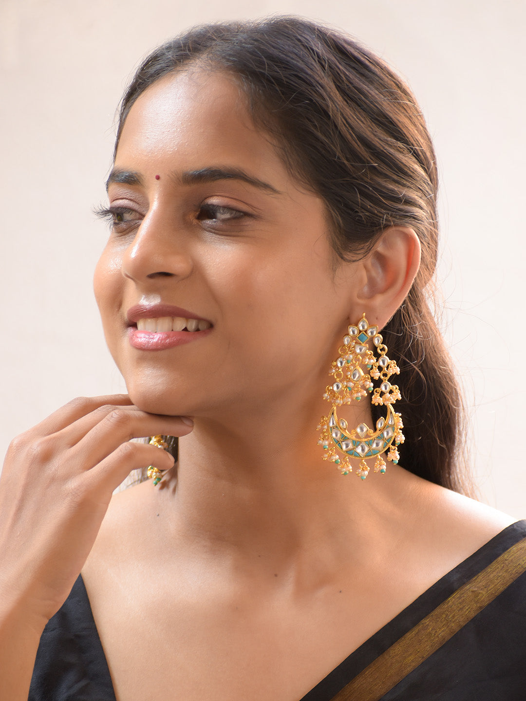 Premium Crafted 18K Gold Plated Firozi Kundan Chandbali Earrings with Pearl Drops