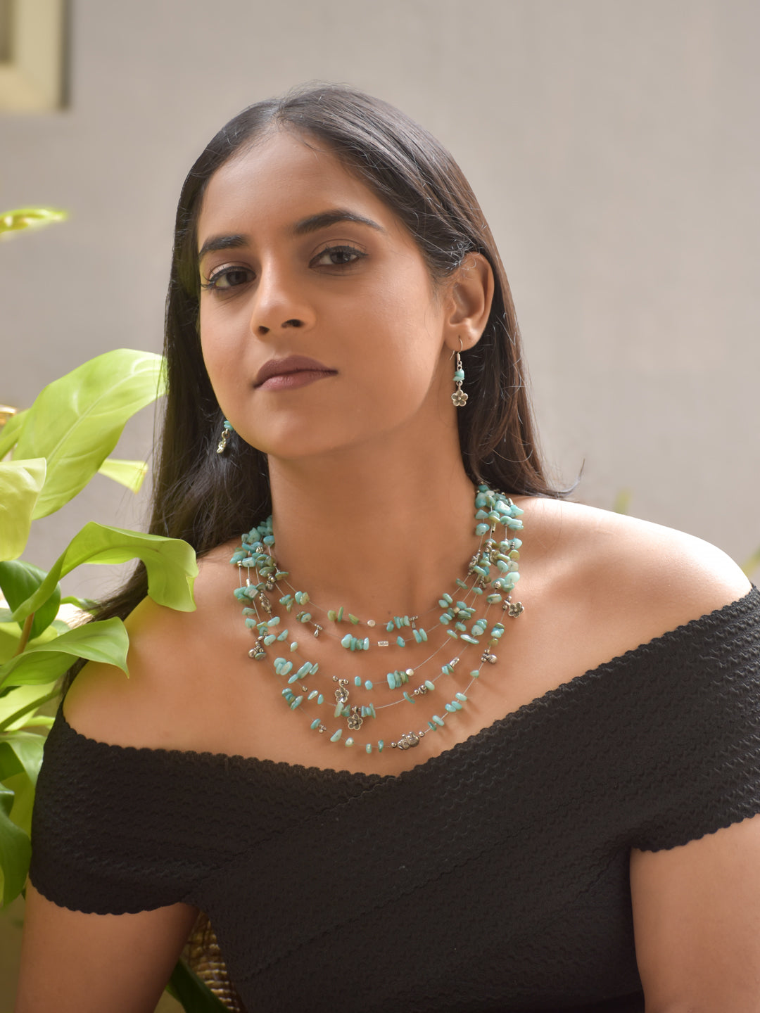 Celestara – Multi-Layer Aqua Green Agate Necklace Set with German Silver Accents