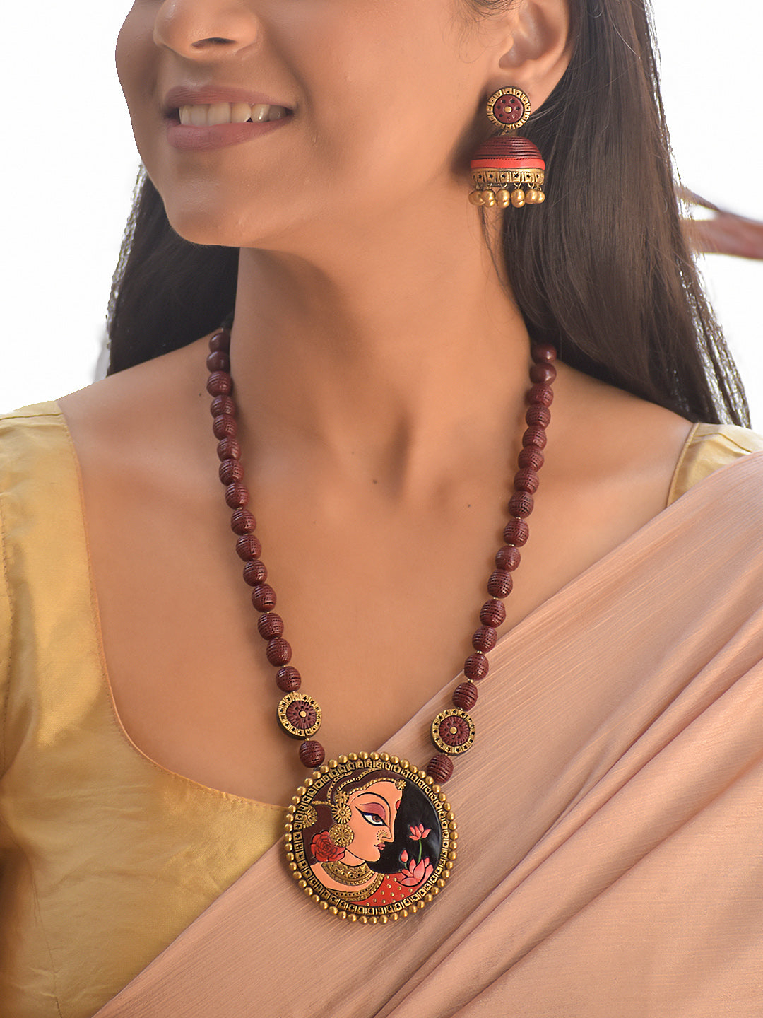 Terracotta Maroon Beaded Necklace with Hand-Painted Women Pendant