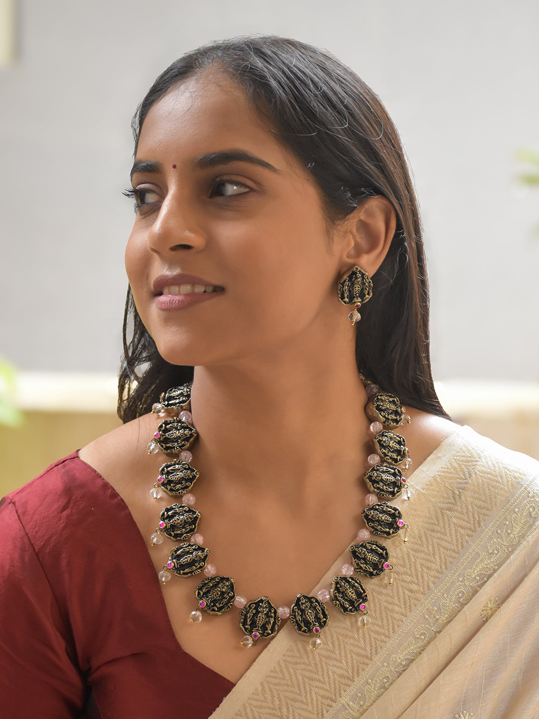 Handcrafted Terracotta Lord Venkateshwara Necklace Set with Antique Gold Beads, Pink Accents, and Matching Stud Earrings