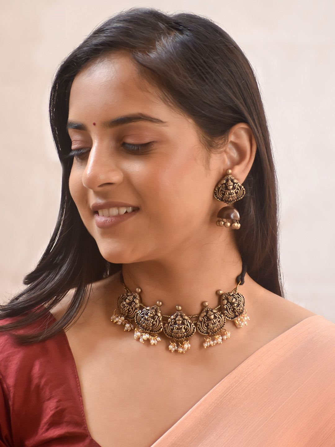 Handcrafted Lakshmi Design Terracotta Jewellery Set in Antique Gold with Pearl Droplets