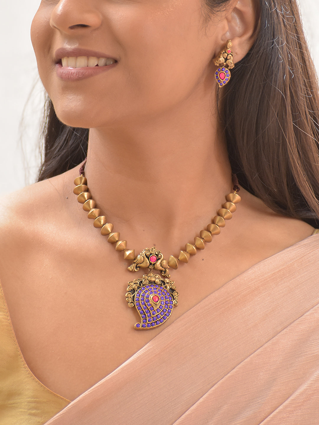 Terracotta Cone Bead Necklace with Peacock Motif & Purple-Red Paisley Pendant