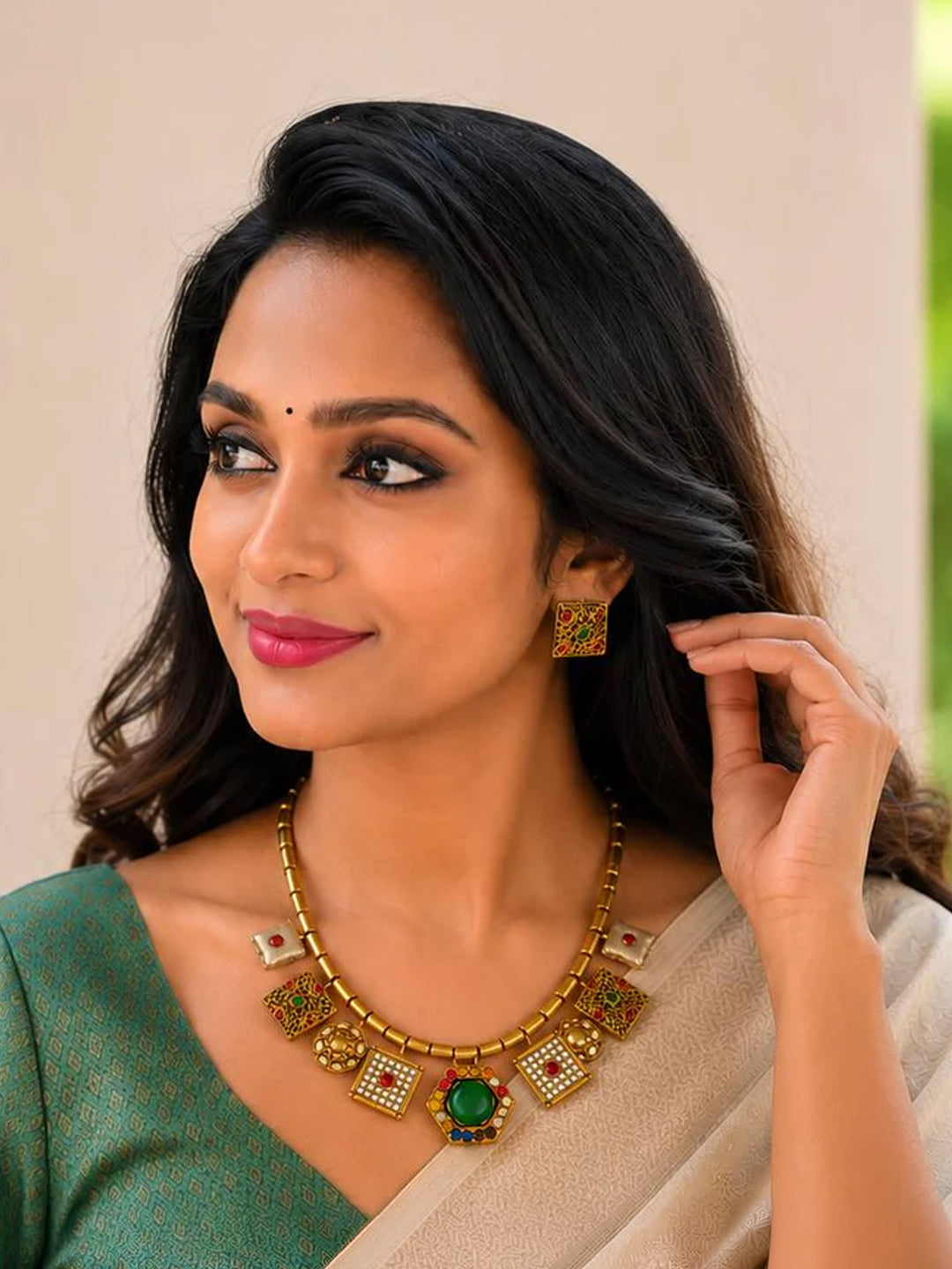 Sqaure Design Multicolor Pendant Handmade Terracotta Jewellery set with Earrings