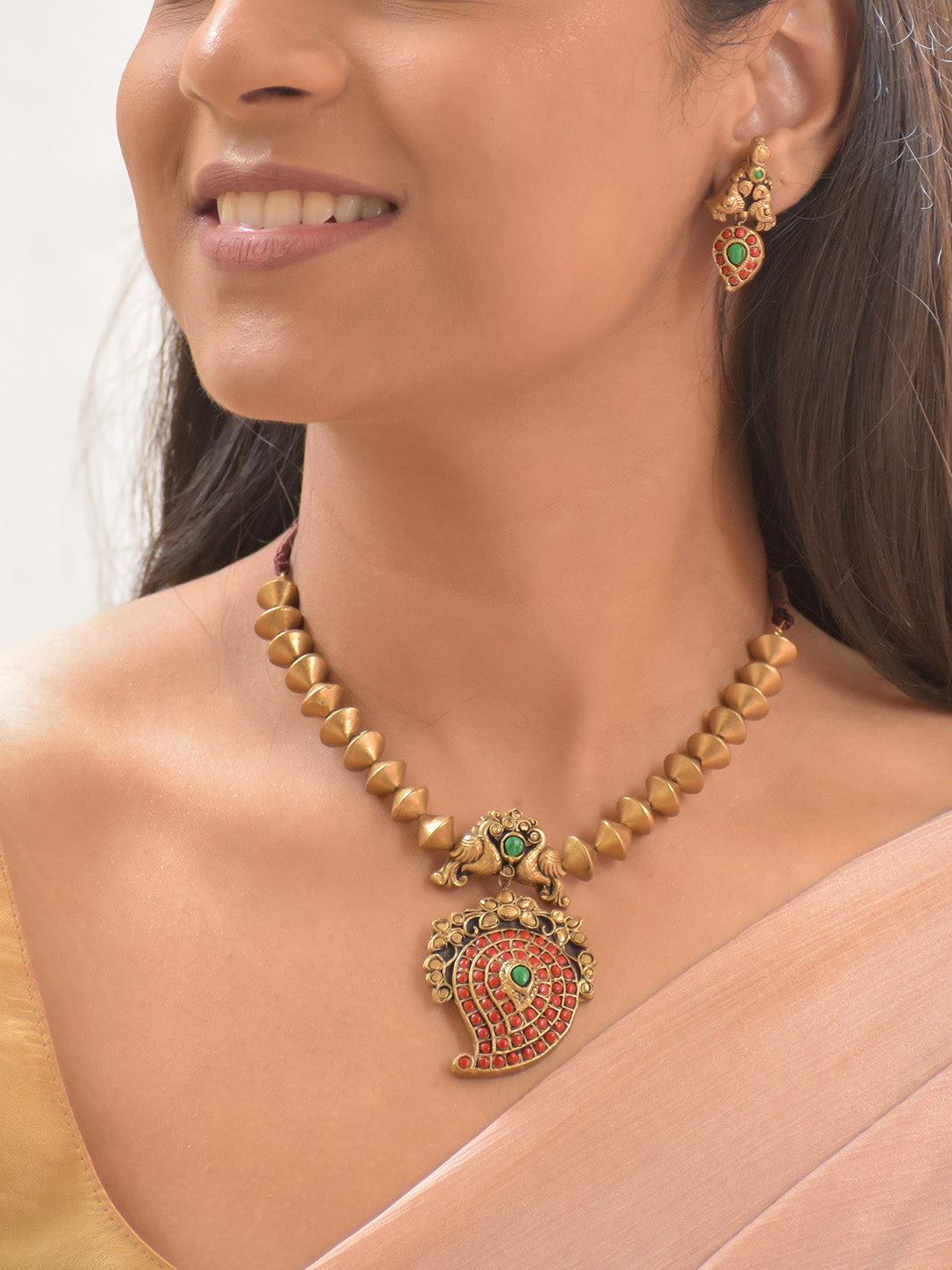 Terracotta Cone Bead Necklace with Peacock Motif & Red-Green Paisley Pendant