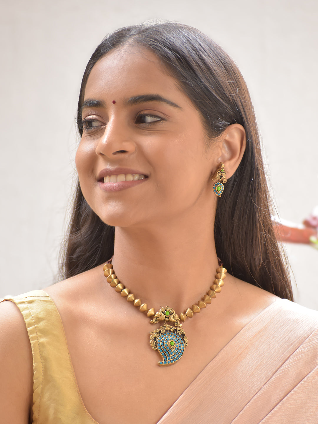 Terracotta Cone Bead Necklace with Peacock Motif & Blue-Green Paisley Pendant