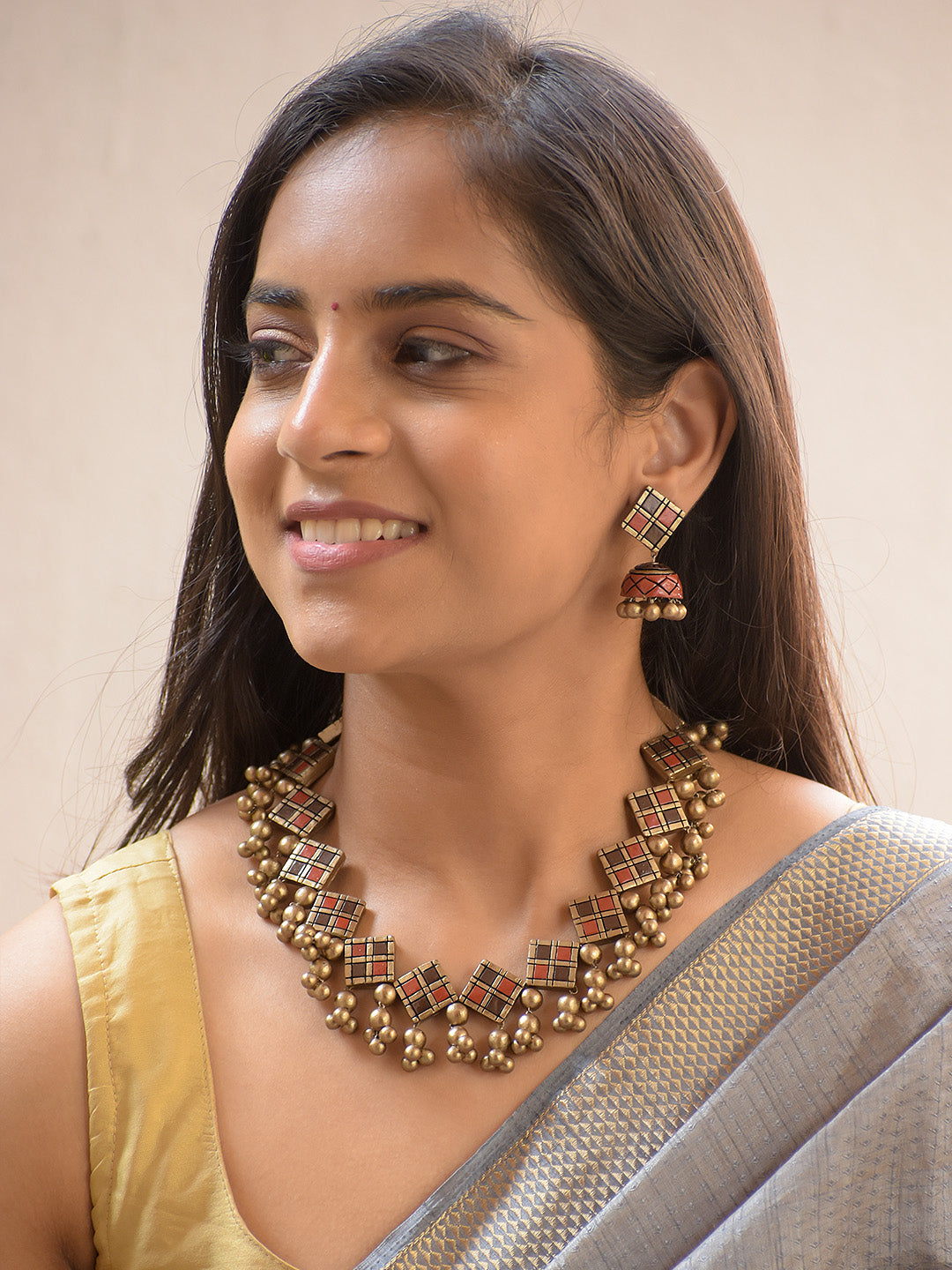 Handcrafted Geometric Terracotta Jewellery Set in Red, Brown and Antique Gold Finish